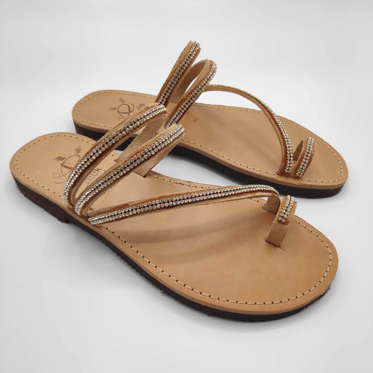 Tan Leather Sandals with toe loop and jewelled strass | Comi Strass | Pagonis Greek Sandals