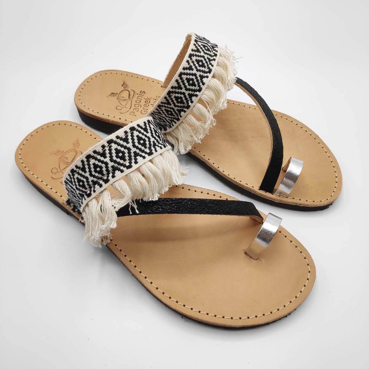 Black & White Fabric & Leather Boho Sandals with Fringes | Comi Boho | Pagonis Greek Sandals