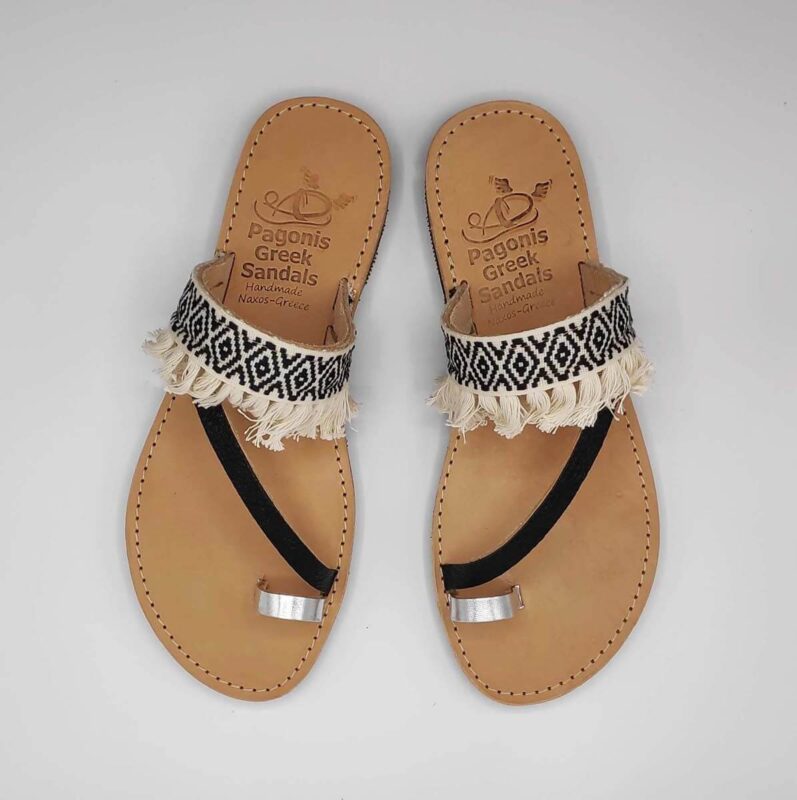 vBlack & White Fabric & Leather Boho Sandals with Fringes | Comi Boho | Pagonis Greek Sandals