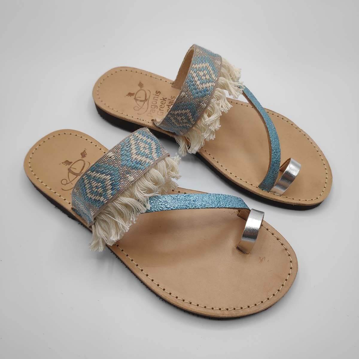 Blue Fabric & Leather Boho Sandals with Fringes | Comi Boho | Pagonis Greek Sandals