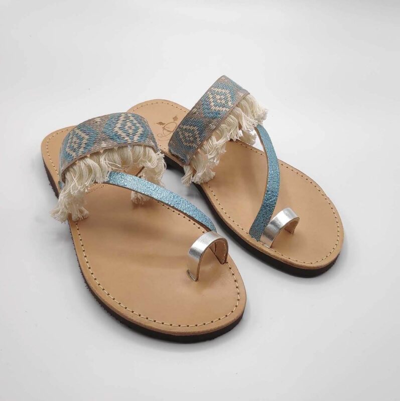 Blue Fabric & Leather Boho Sandals with Fringes | Comi Boho | Pagonis Greek Sandals