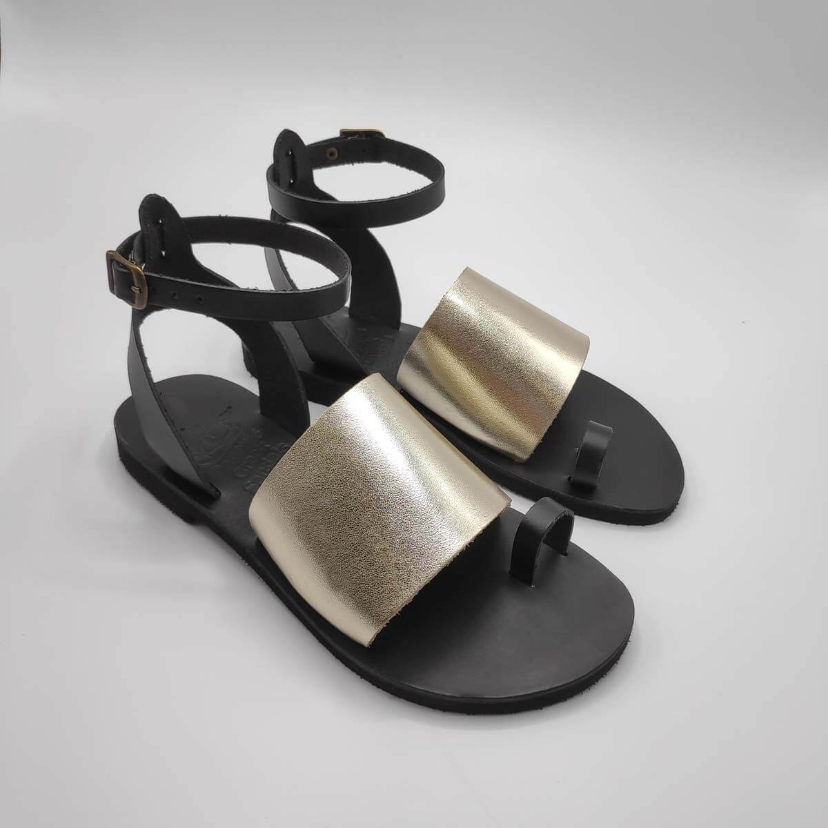 Gold Black Leather Sandals with ankle strap | Pagonis Greek Sandals