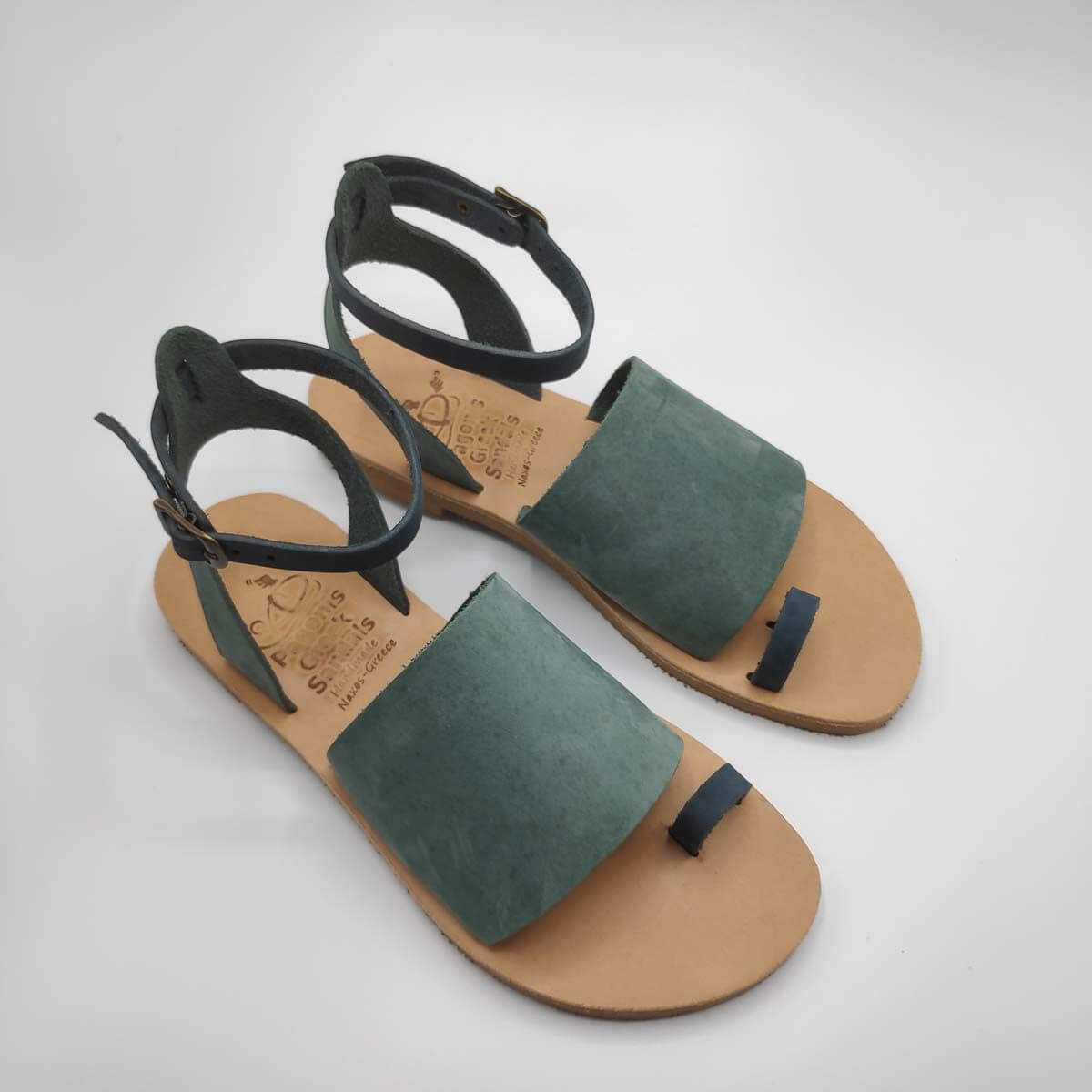 Green Leather Sandals with ankle strap | Pagonis Greek Sandals