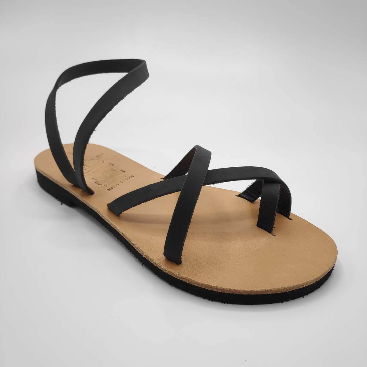 Black Leather Strappy Sandals with Toe Straps | Antiparos | Pagonis Greek Sandals