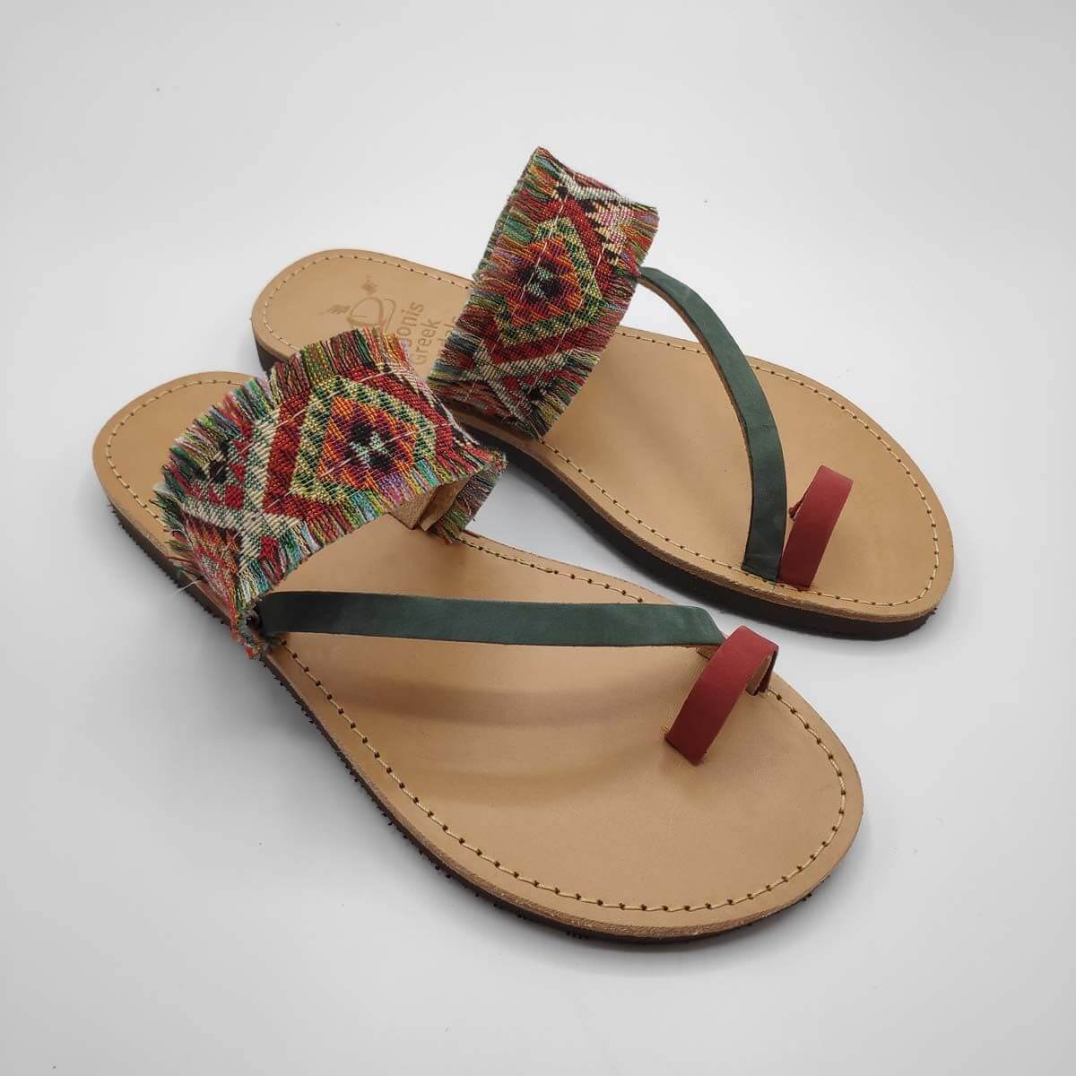 Pink & Blue Fabric & Leather Boho Sandals with Fringes | Comi Boho | Pagonis Greek Sandals