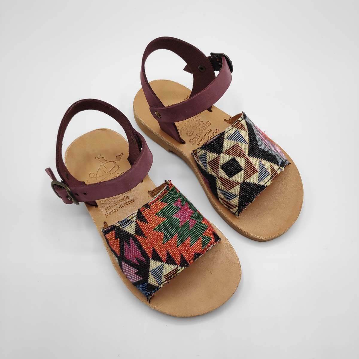 Leather Toddler Sandals For Girls | Purple and checkered fabric