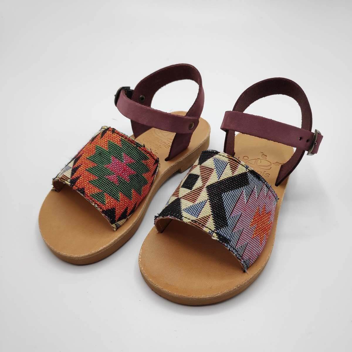 Leather Toddler Sandals For Girls |  Purple and checkered fabric