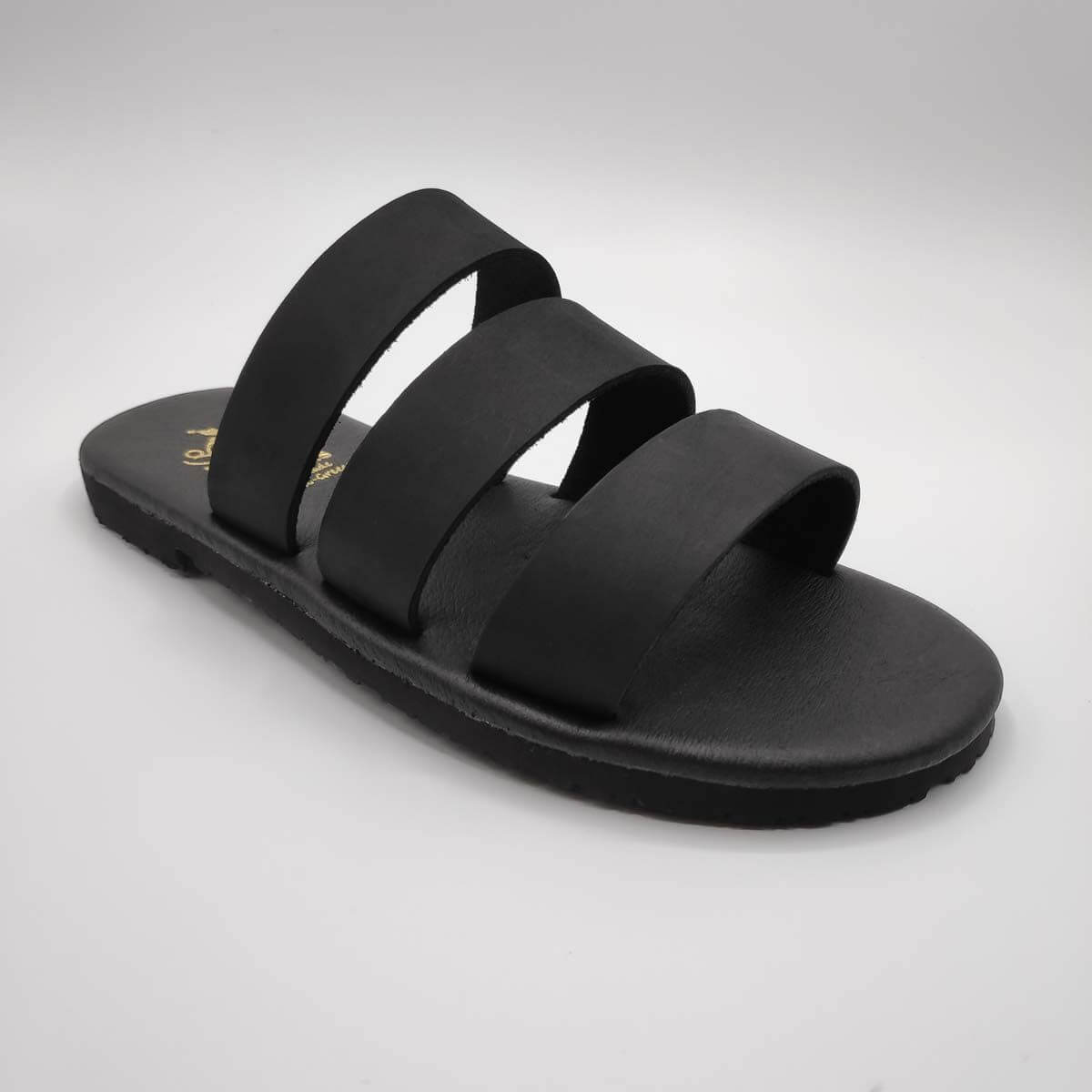 Three Straps Mens Leather Sandals Black Comfort Sandals side view single