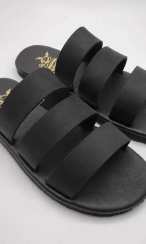 Three Straps Mens Leather Sandals Black Comfort Sandals side view 2