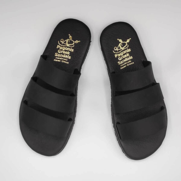 Three Straps Mens Leather Sandals Black Comfort Sandals top view