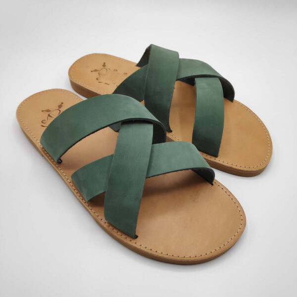 leather sandals for men green three straps criss cross side view - Avithos Men