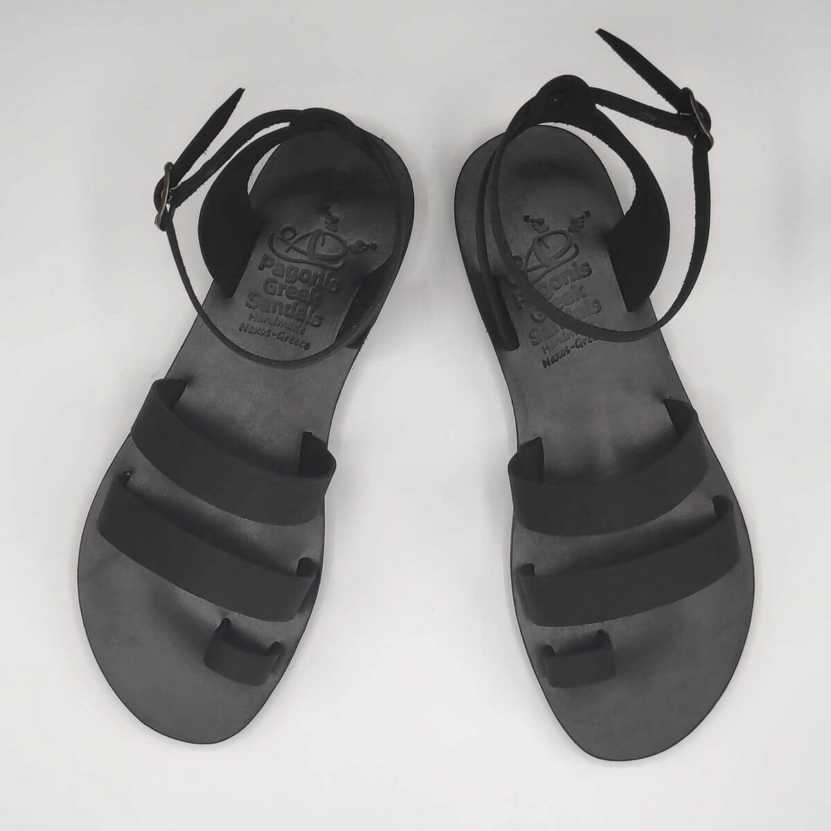 Black Nubuck leather dressy sandals with two straps, toe ring and high ankle strap, top view
