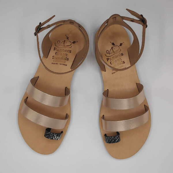 Rose gold leather dressy sandals with two straps, toe ring and high ankle strap, top view