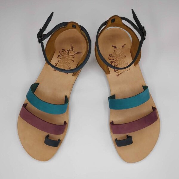 multi-colour nubuck leather dressy sandals with two straps, toe ring and high ankle strap, top view