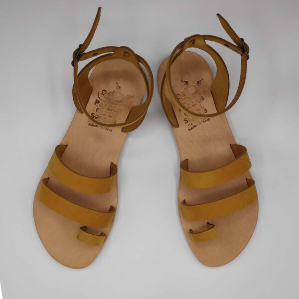 Yellow Nubuck leather dressy sandals with two straps, toe ring and high ankle strap, top view