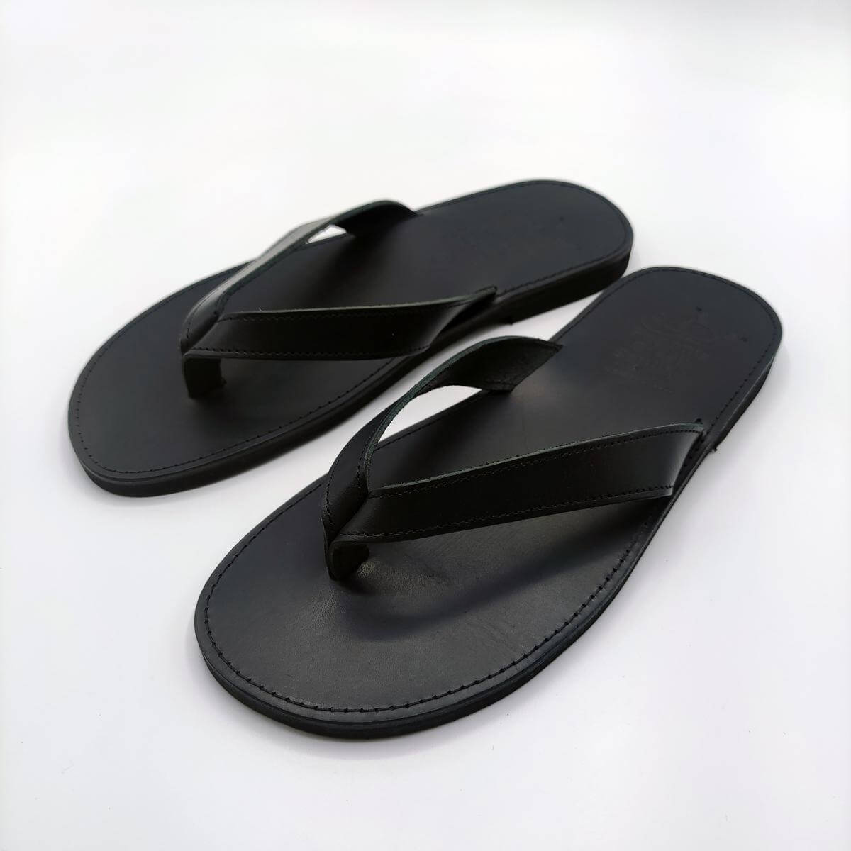 Mens Leather Flip Flops Total Black Pagonis Greek Sandals