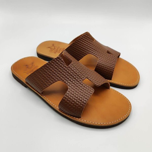 Mens Leather Slide H Cut Embossed Leather Brown