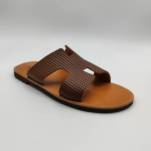 Mens Leather Slide H Cut Embossed Leather Brown