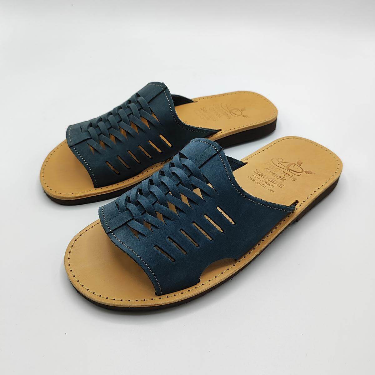 Men Handmade Leather Slippers Blue
