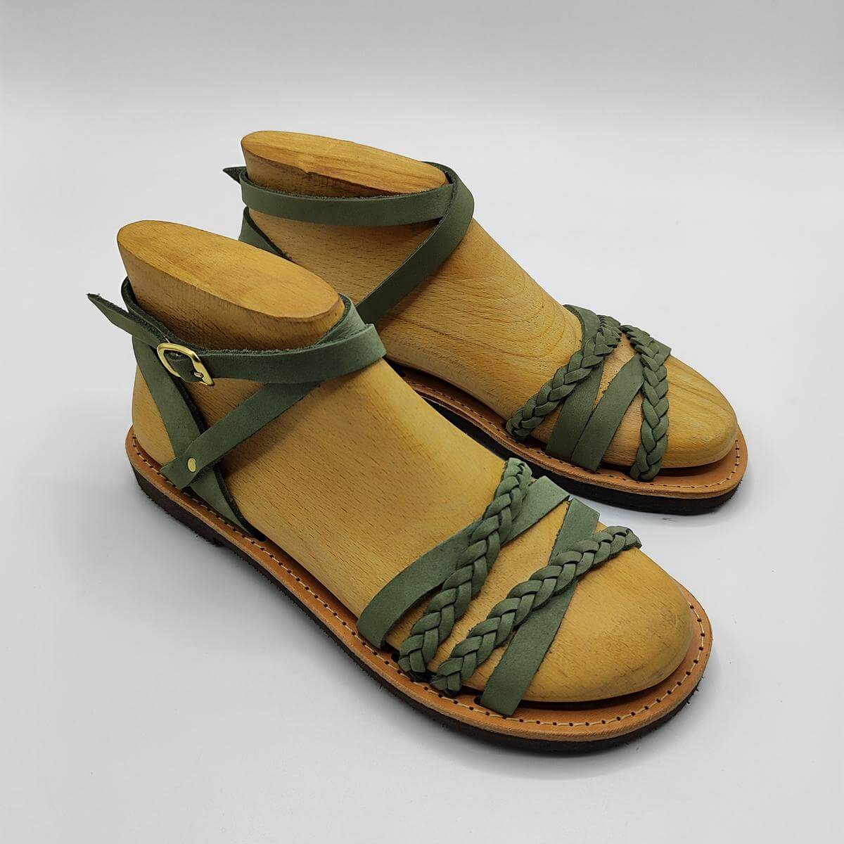 Sandal Braided Front Straps With Ankle Buckle Closed Green Color