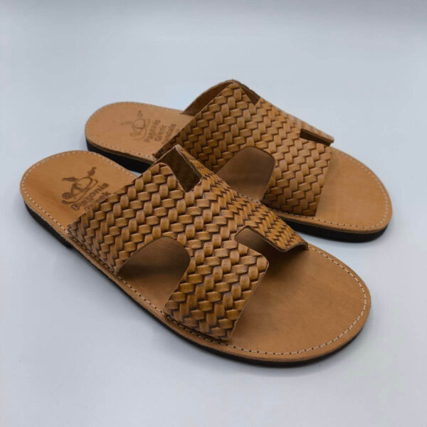 Mens Leather Slide H Cut Embossed Leather Natural