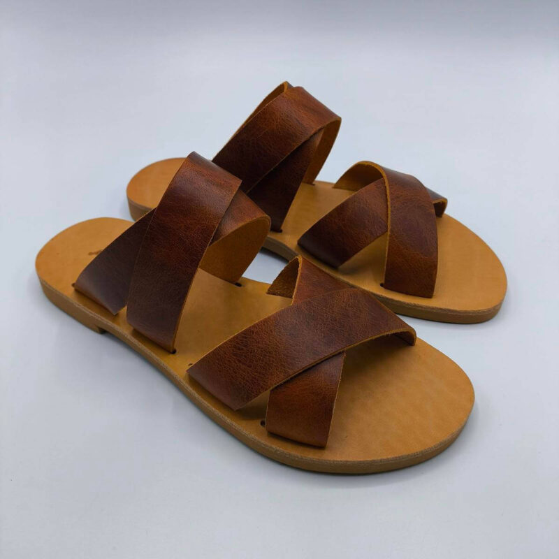 Double Criss Cross Slide Leather Sandal Brown