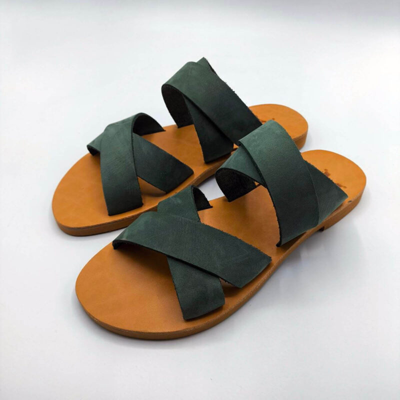 Double-Criss-Cross-Slide-Leather-Sandal-Green