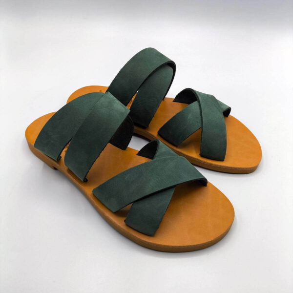 Double-Criss-Cross-Slide-Leather-Sandal-Green