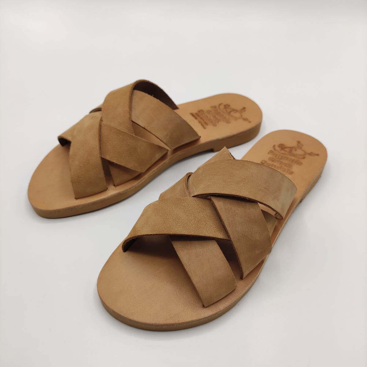 Criss Cross Woven Leather Slides Pagonis Nude Color