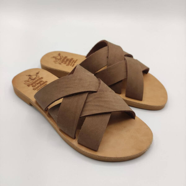 Criss Cross Woven Leather Slides Pagonis Mocha Color