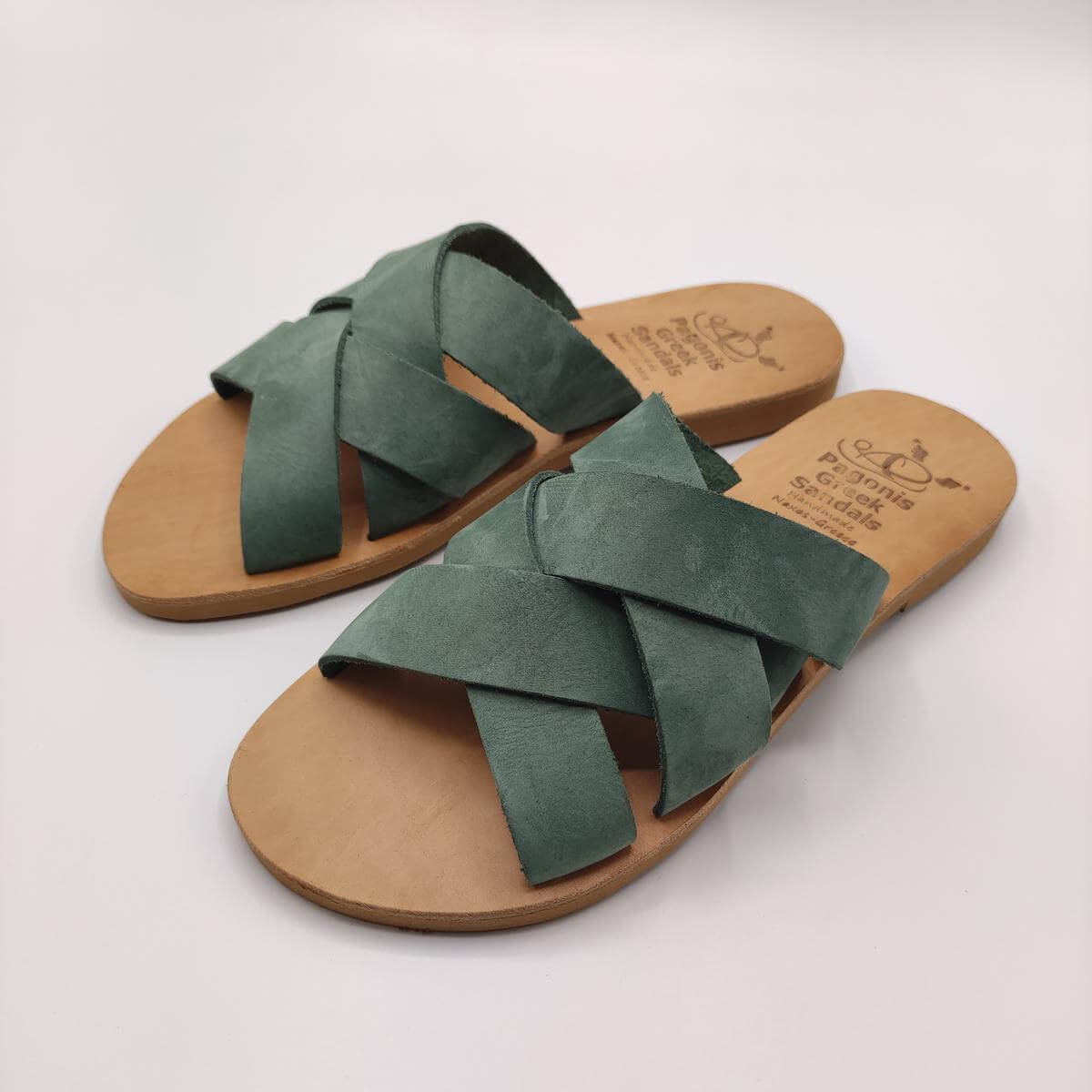 Criss Cross Woven Leather Slides Pagonis Nubuck Green