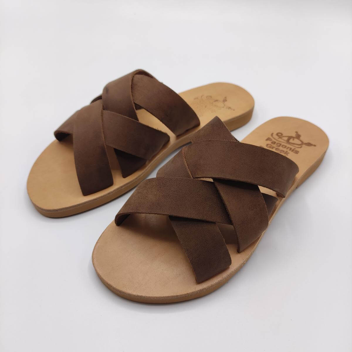 Criss Cross Woven Leather Slides Pagonis Nubuck Brown