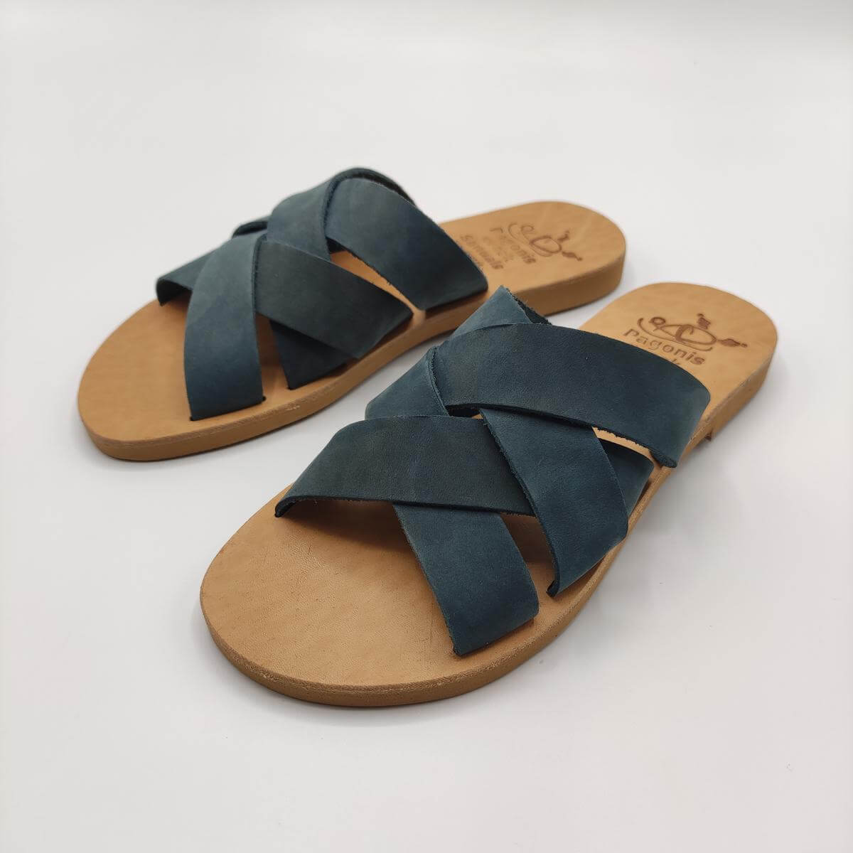Criss Cross Woven Leather Slides Pagonis Nubuck Blue