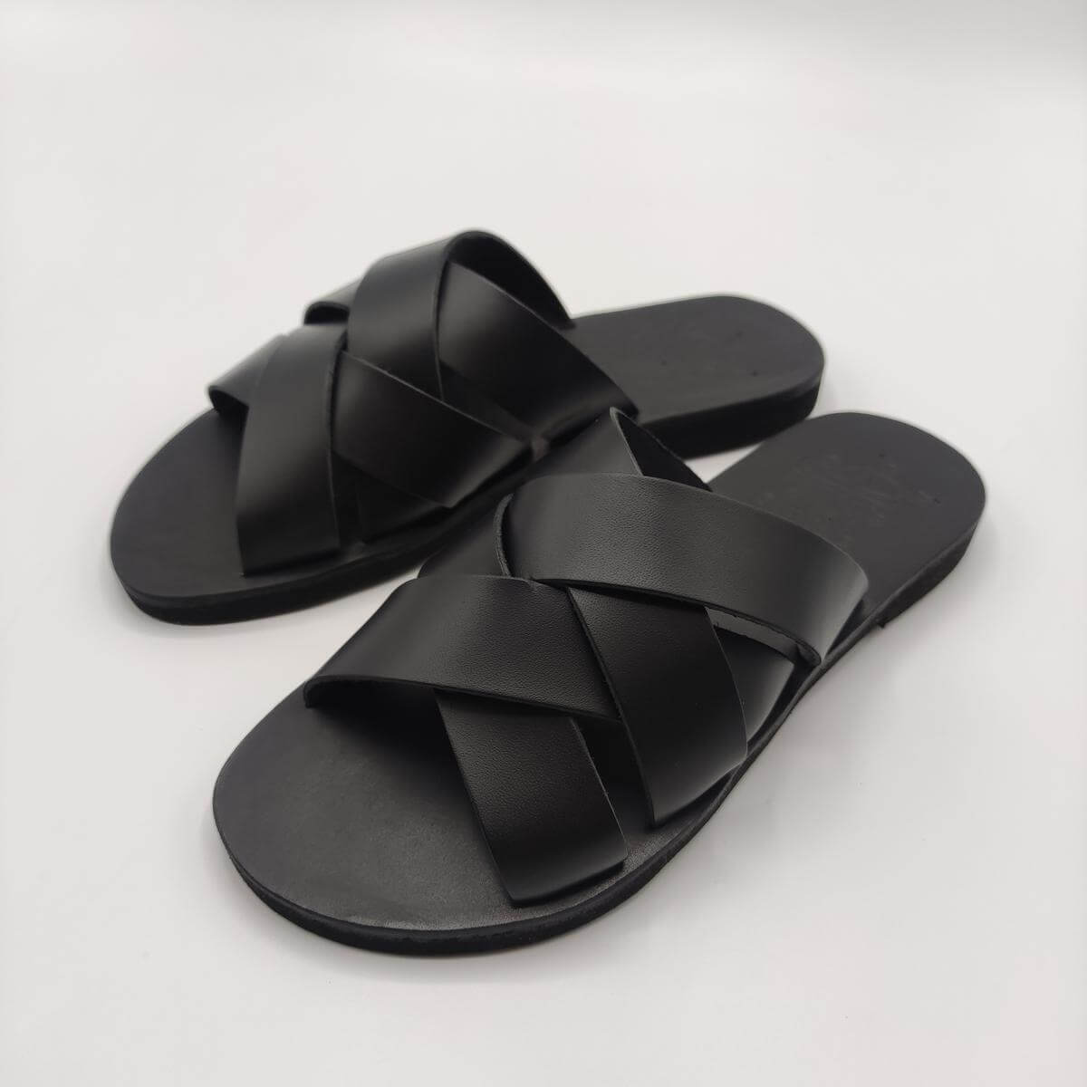 Criss Cross Woven Leather Slides Pagonis Total Black