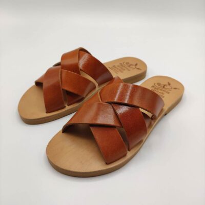 Criss Cross Woven Leather Slides Brown