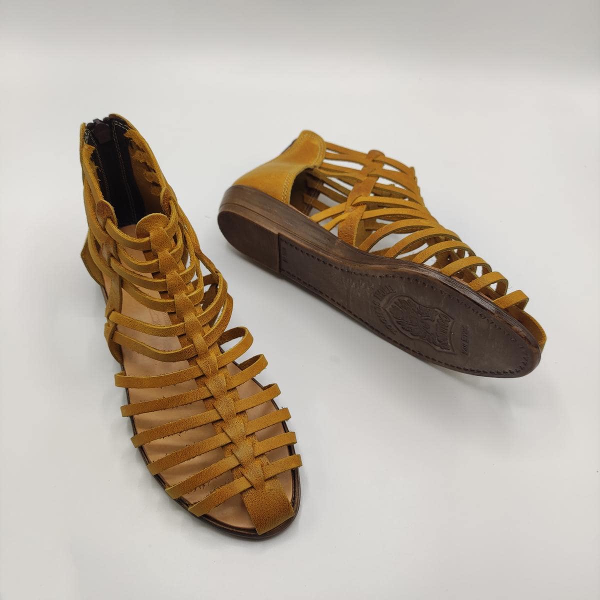 Zipper Back Strappy Leather Sandal Yellow