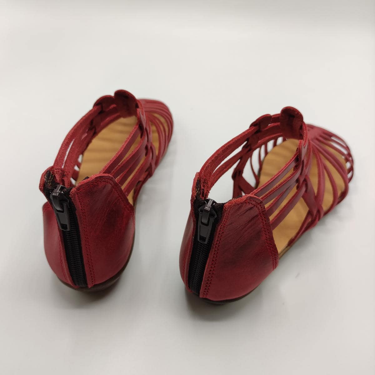 Zipper Back Strappy Leather Sandal Red