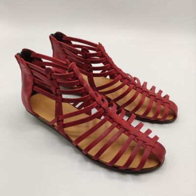 Zipper Back Strappy Leather Sandal Red