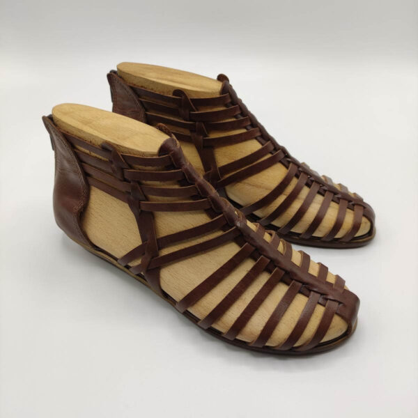 Zipper Back Strappy Leather Sandal Brown