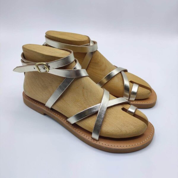 Pagonis Flat Strappy Leather Sandals Gold