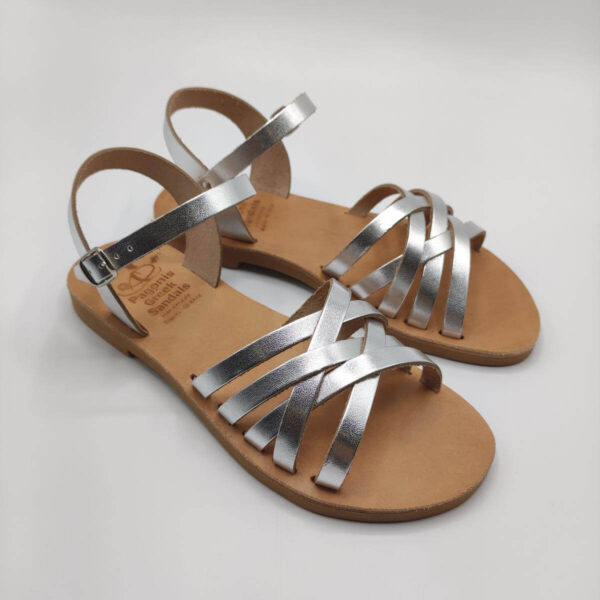 Strappy leather Ankle Sandals Silver Color