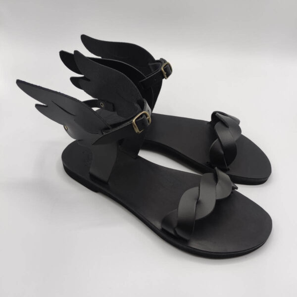 Total Black Braided Leather Sandals With Wings Ikaria Model