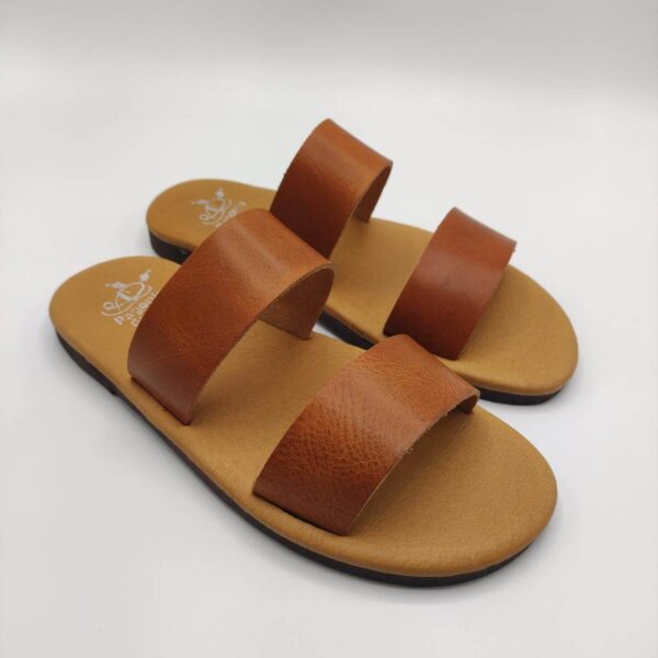 Two Straps Comfort Sole Mens Leather Slide Brown Color