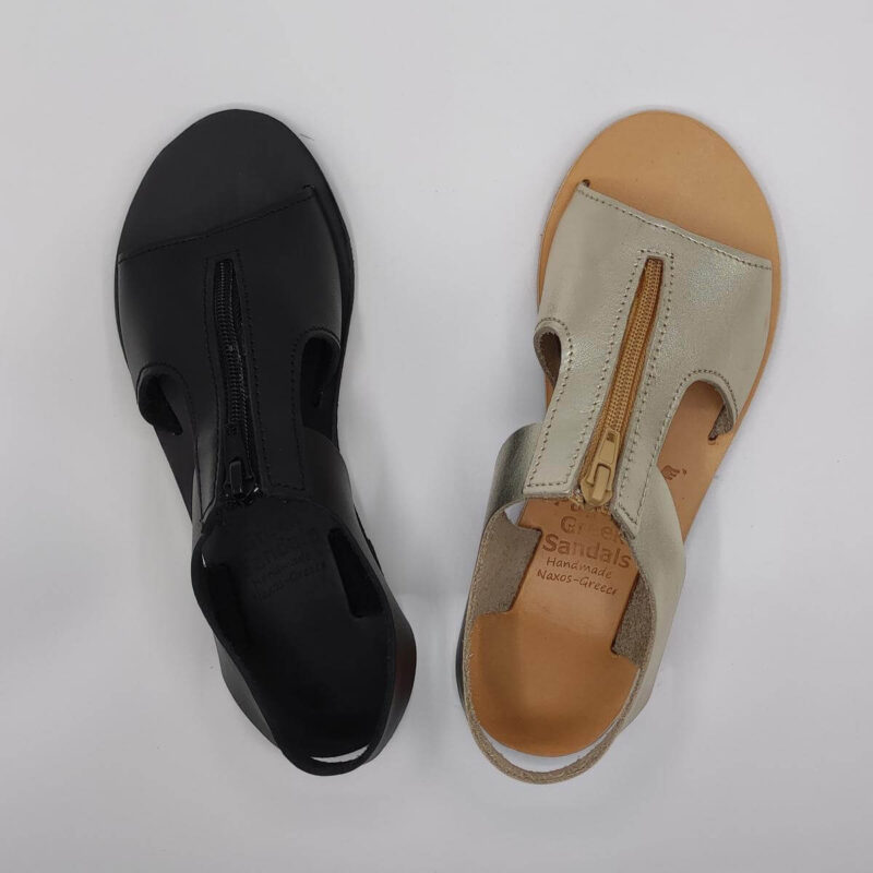Women Leather Sandal With Zipper Black & Gold