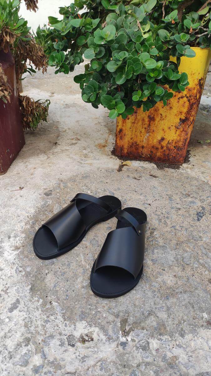 Women Leather Slide Sandals Ladies Total Black