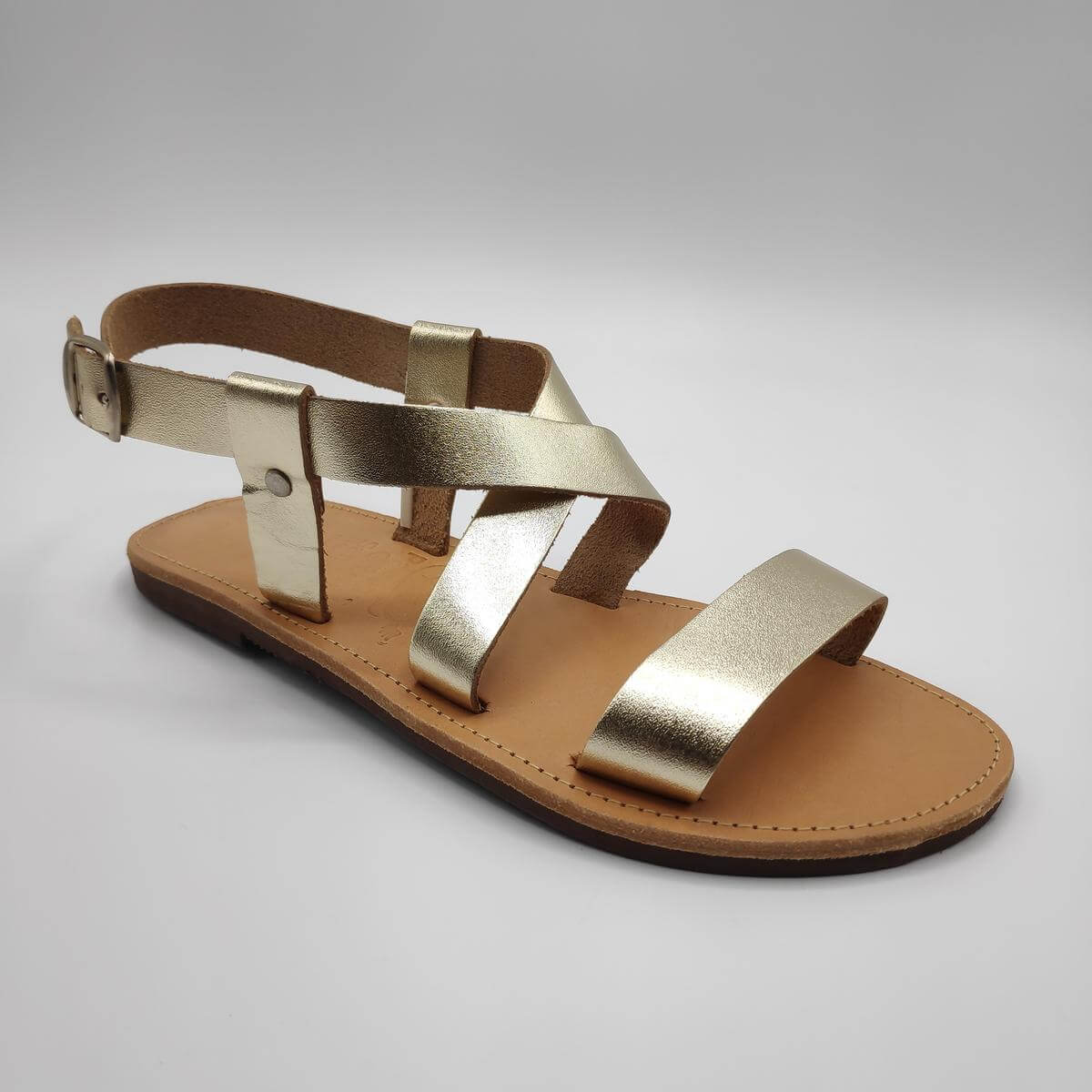 Sani Gold Leather Sandals Flats Buckle Strapy Toe Free Sandal - Leather  Sandals | Pagonis Greek Sandals